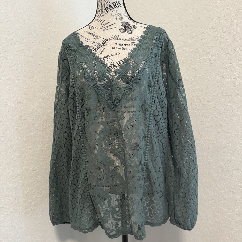 Torrid Lace Long Sleeve Blouse Green Lace Women’s Top Size 1X Spring Office